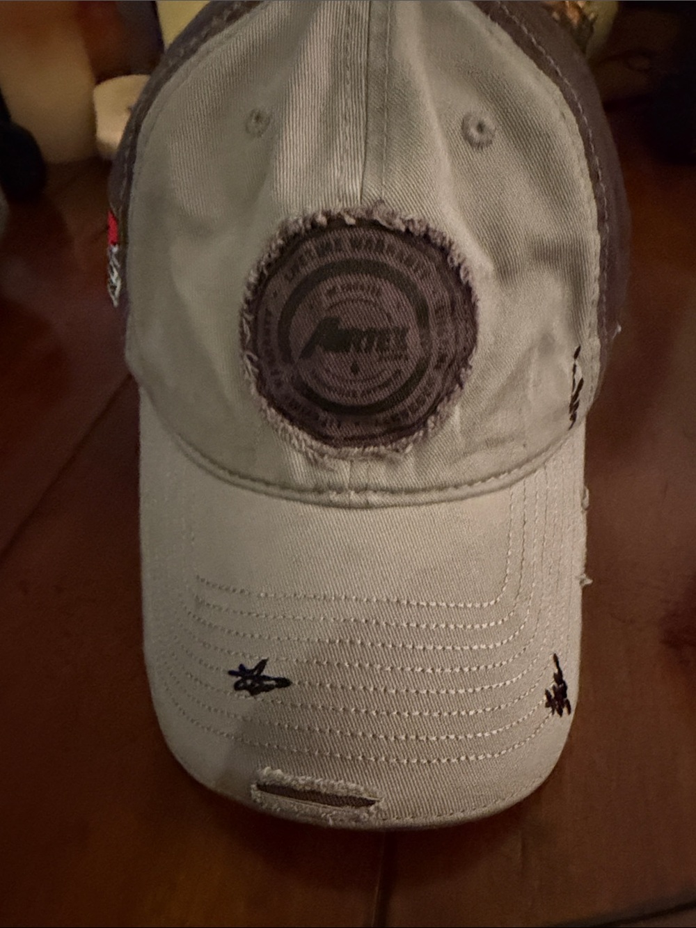 Distressed Logo Patch Baseball Cap - Beige with Brown Accents